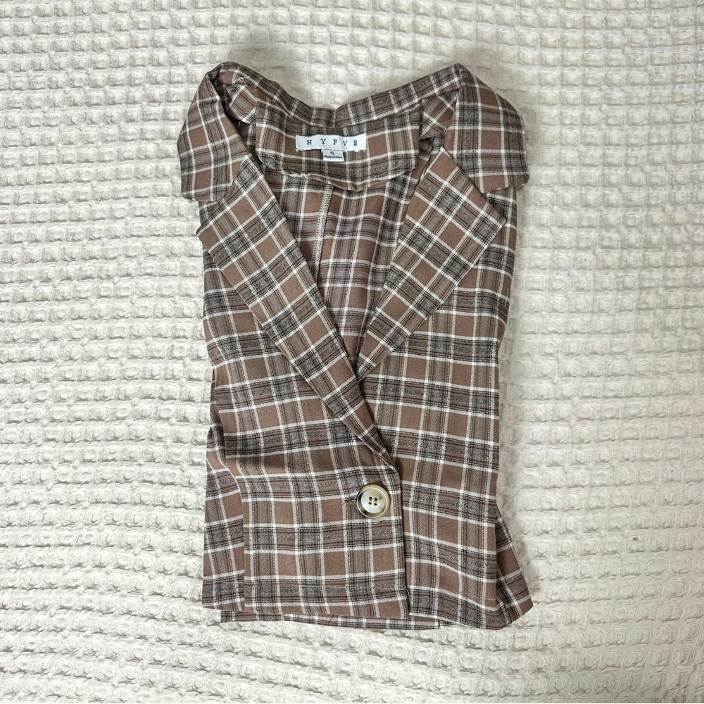 Women Casual Lapel Plaid Pattern Brown Long Sleeve Crop Short Blazer - Picture 9 of 10